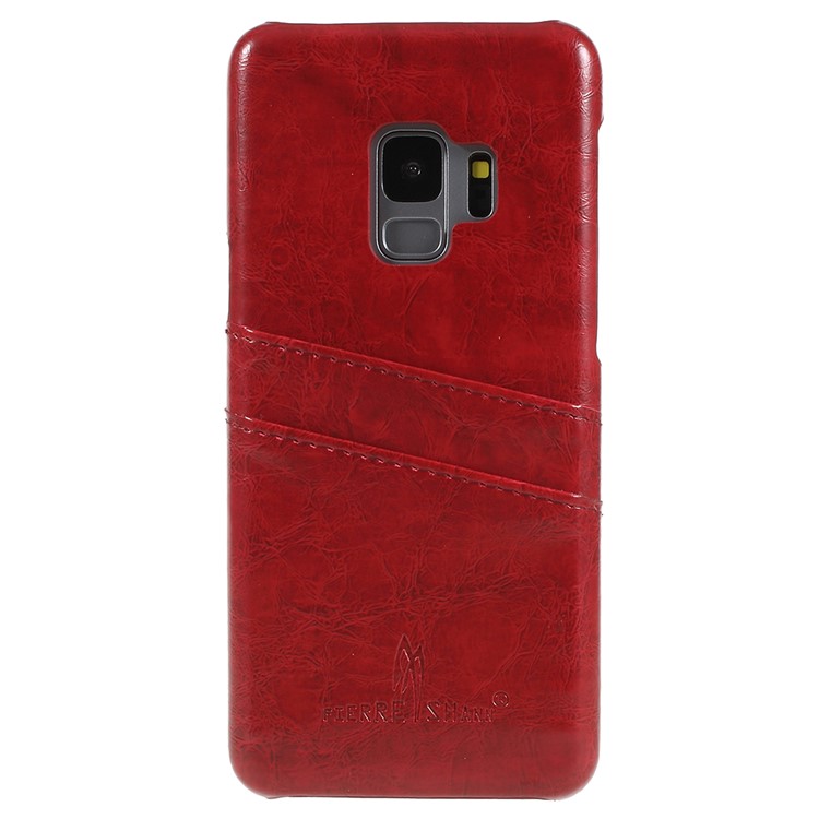FIERRE SHANN Oil Wax Card Holder PU Leather Coated PC Cover for Samsung Galaxy S9 SM-G960 - Red-1