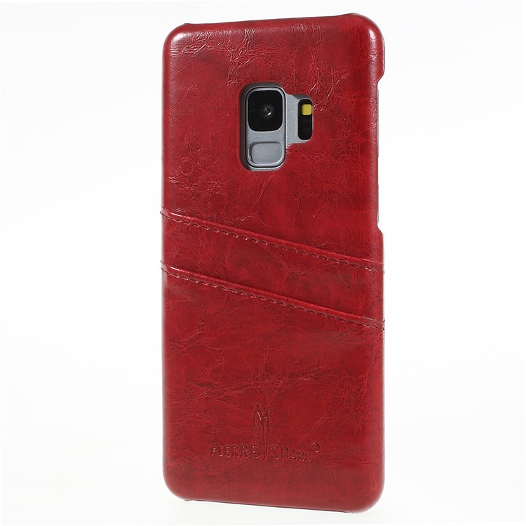 FIERRE SHANN Oil Wax Card Holder PU Leather Coated PC Cover for Samsung Galaxy S9 SM-G960 - Red-2
