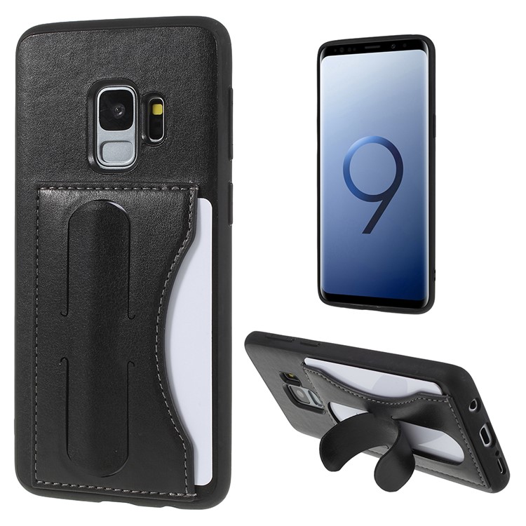 FIERRE SHANN Card Slot PU Leather Skin TPU Phone Cover with Kickstand for Samsung Galaxy S9 - Black-1