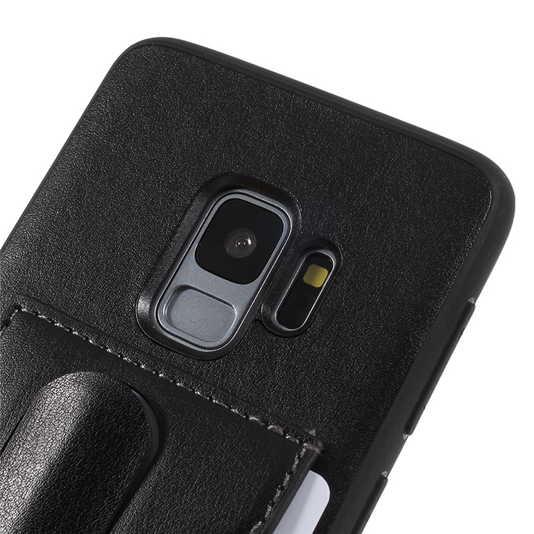 FIERRE SHANN Card Slot PU Leather Skin TPU Phone Cover with Kickstand for Samsung Galaxy S9 - Black-4