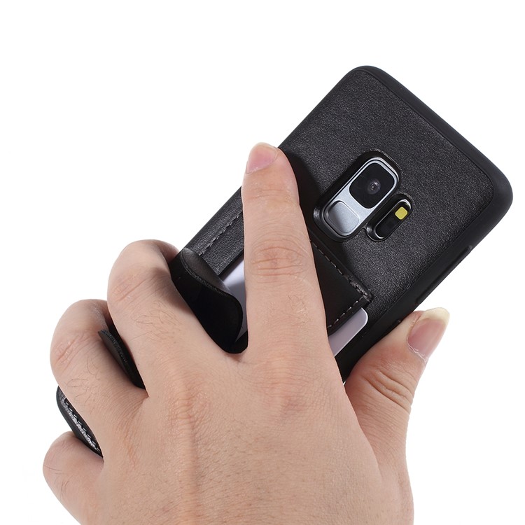 FIERRE SHANN Card Slot PU Leather Skin TPU Phone Cover with Kickstand for Samsung Galaxy S9 - Black-8
