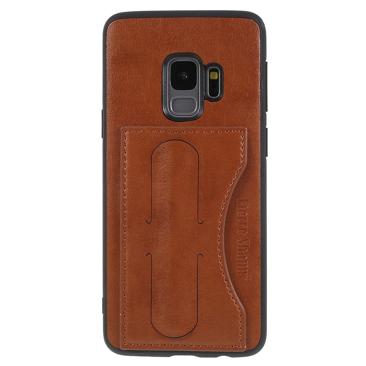 FIERRE SHANN Card Slot PU Leather Skin TPU Mobile Phone Cover with Kickstand for Samsung Galaxy S9 - Brown-1