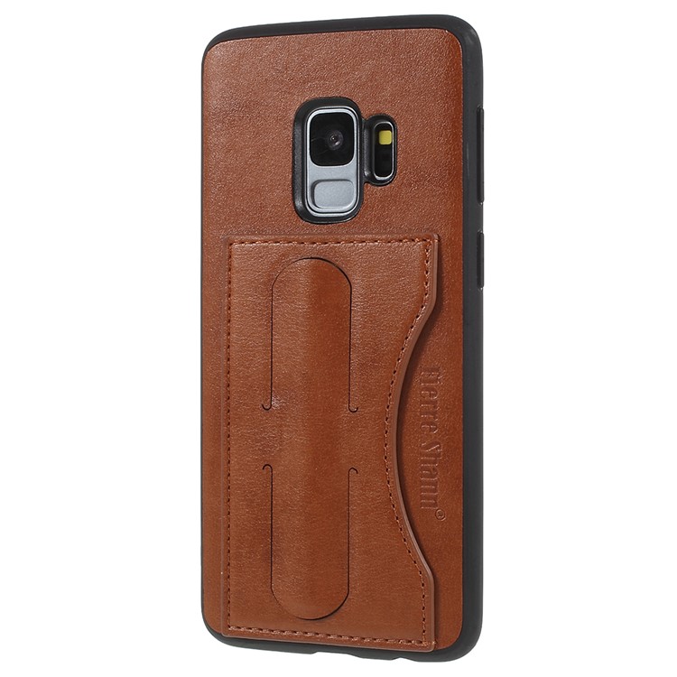 FIERRE SHANN Card Slot PU Leather Skin TPU Mobile Phone Cover with Kickstand for Samsung Galaxy S9 - Brown-3
