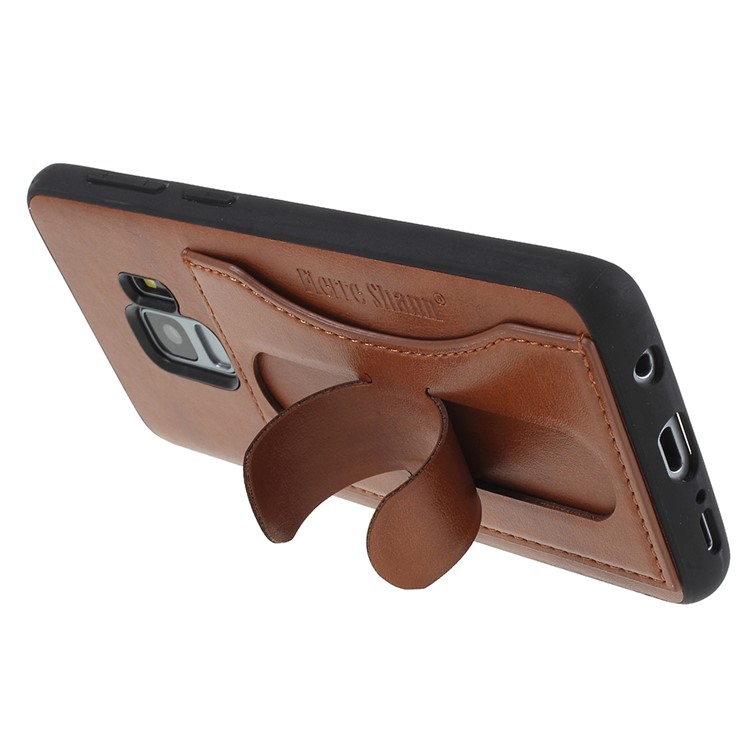 FIERRE SHANN Card Slot PU Leather Skin TPU Mobile Phone Cover with Kickstand for Samsung Galaxy S9 - Brown-4