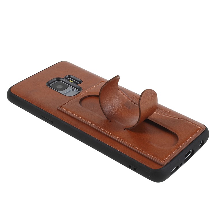 FIERRE SHANN Card Slot PU Leather Skin TPU Mobile Phone Cover with Kickstand for Samsung Galaxy S9 - Brown-5