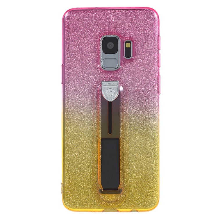 For Samsung Galaxy S9 SM-G960 Gradient Color Glittery Powder TPU Phone Case with Sliding Kickstand - Rose + Yellow-2
