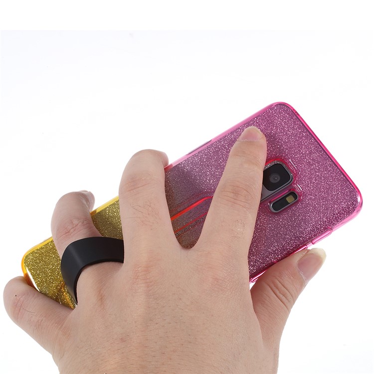 For Samsung Galaxy S9 SM-G960 Gradient Color Glittery Powder TPU Phone Case with Sliding Kickstand - Rose + Yellow-6