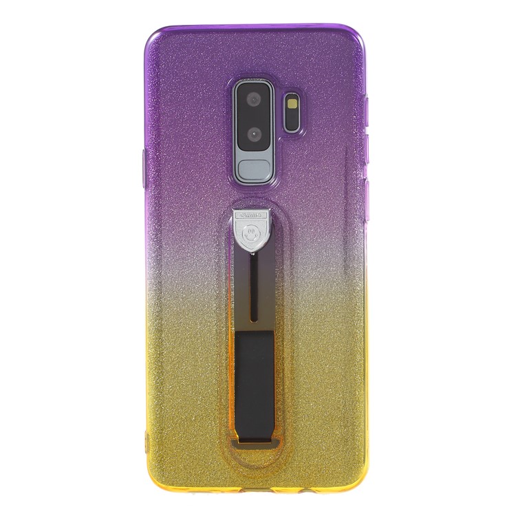 Gradient Color Glittery Powder TPU Phone Case with Sliding Kickstand for Samsung Galaxy S9+ SM-G965 - Purple / Yellow-1