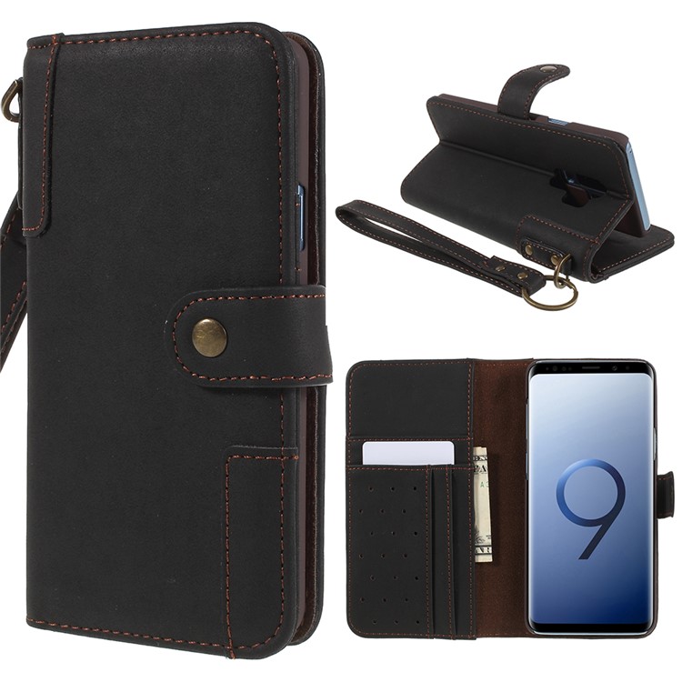 Genuine Leather Wallet Stand Phone Case for Samsung Galaxy S9+ G965 - Black-1