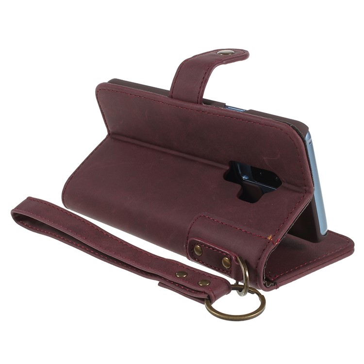 Genuine Leather Wallet Stand Phone Cover for Samsung Galaxy S9+ G965 - Red-5