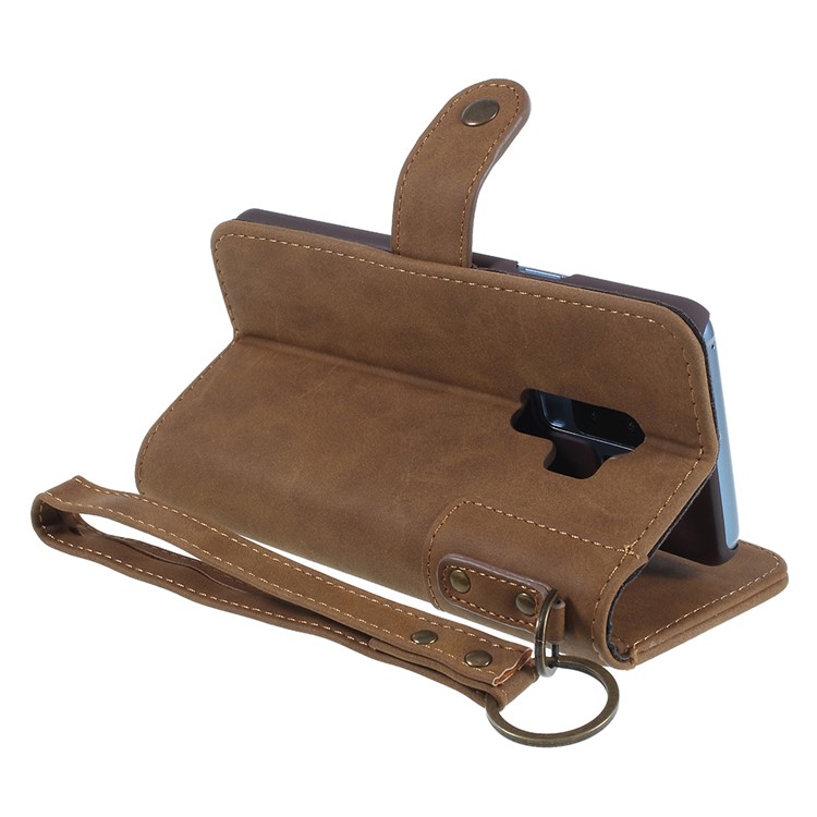 Genuine Leather Wallet Stand Mobile Case for Samsung Galaxy S9+ G965 - Brown-5