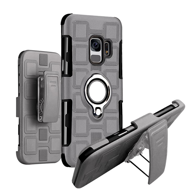 Geometric Pattern Magnetic Car Mount Ring Holder TPU PC Hybrid Back Case for Samsung Galaxy S9 G960 with Belt Clip - Grey-1