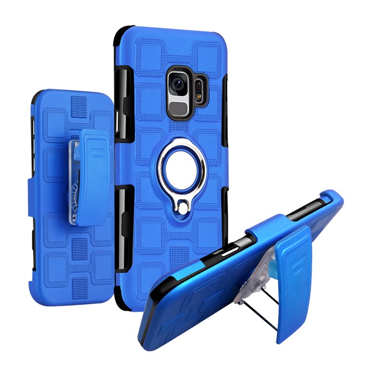 Geometric Pattern Magnetic Car Mount Ring Holder TPU PC Protective Case for Samsung Galaxy S9 G960 with Belt Clip - Baby Blue-1