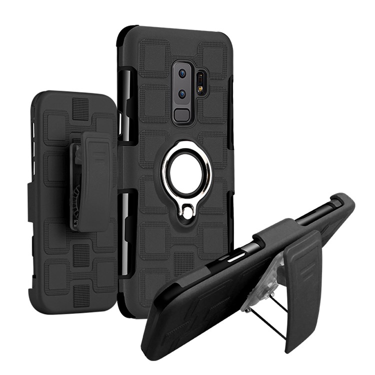 Geometric Pattern Magnetic Car Mount Ring Holder TPU PC Hybrid Case for Samsung Galaxy S9 Plus G965 with Belt Clip - Black-1