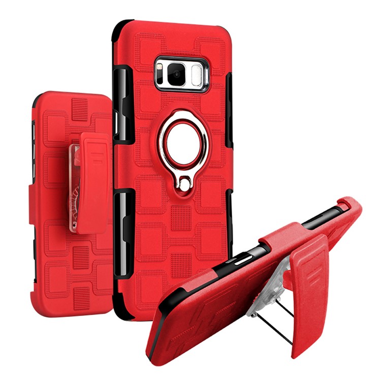 Geometric Pattern Magnetic Car Mount Ring Holder TPU PC Hybrid Mobile Phone Case with Belt Clip for Samsung Galaxy S8+ SM-G955 - Red-1