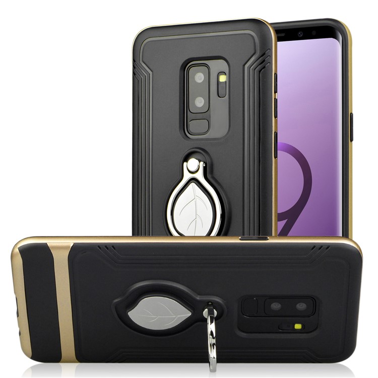 ANGIBABE Maple Leaf Magnetic Ring Holder Kickstand TPU + PC Hybrid Cell Phone Case for Samsung Galaxy S9+ SM-G965 - Gold-1