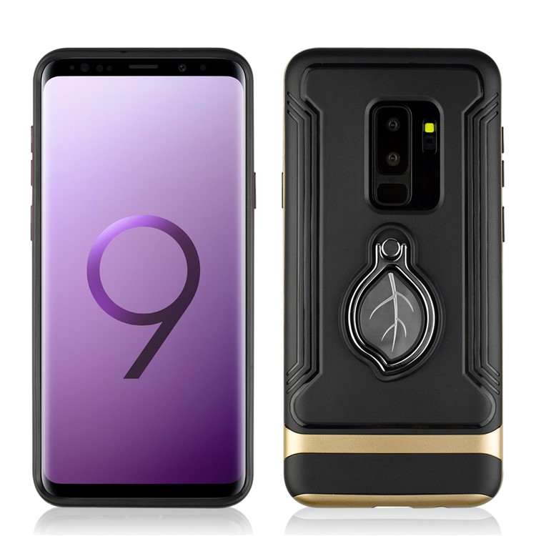 ANGIBABE Maple Leaf Magnetic Ring Holder Kickstand TPU + PC Hybrid Cell Phone Case for Samsung Galaxy S9+ SM-G965 - Gold-3