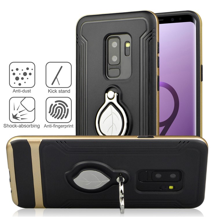 ANGIBABE Maple Leaf Magnetic Ring Holder Kickstand TPU + PC Hybrid Cell Phone Case for Samsung Galaxy S9+ SM-G965 - Gold-4