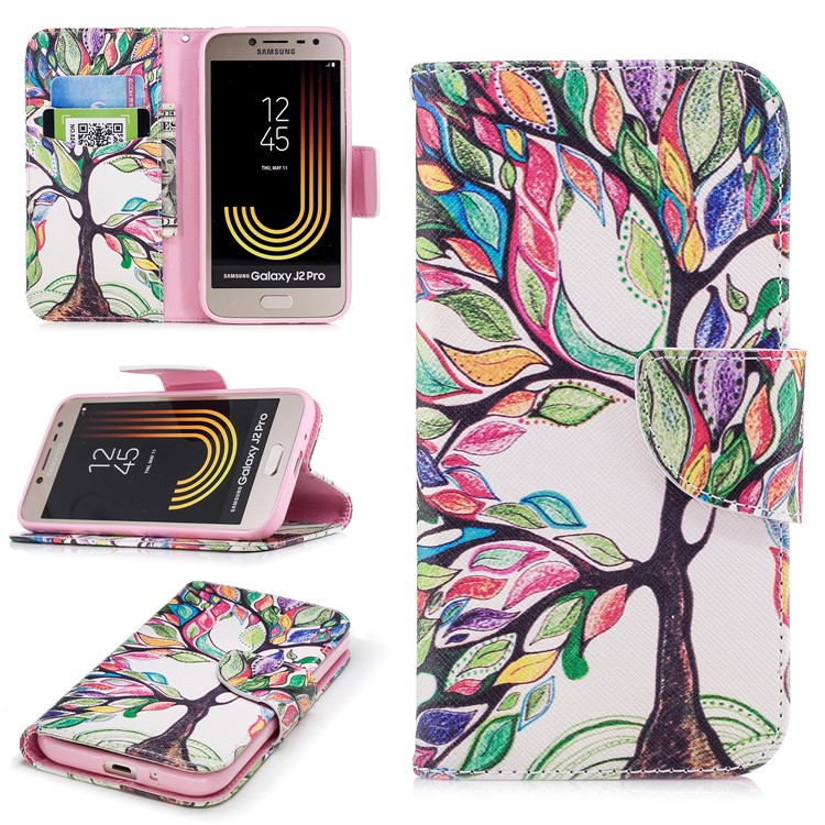 Pattern Printing Leather Wallet Case for Samsung Galaxy J2 Pro 2018 - Colorized Tree-1