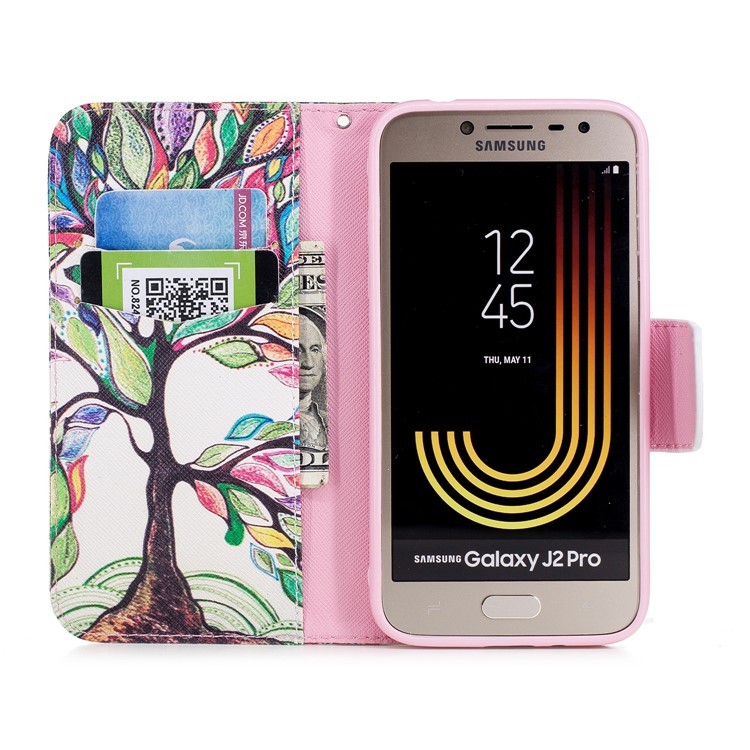Pattern Printing Leather Wallet Case for Samsung Galaxy J2 Pro 2018 - Colorized Tree-8