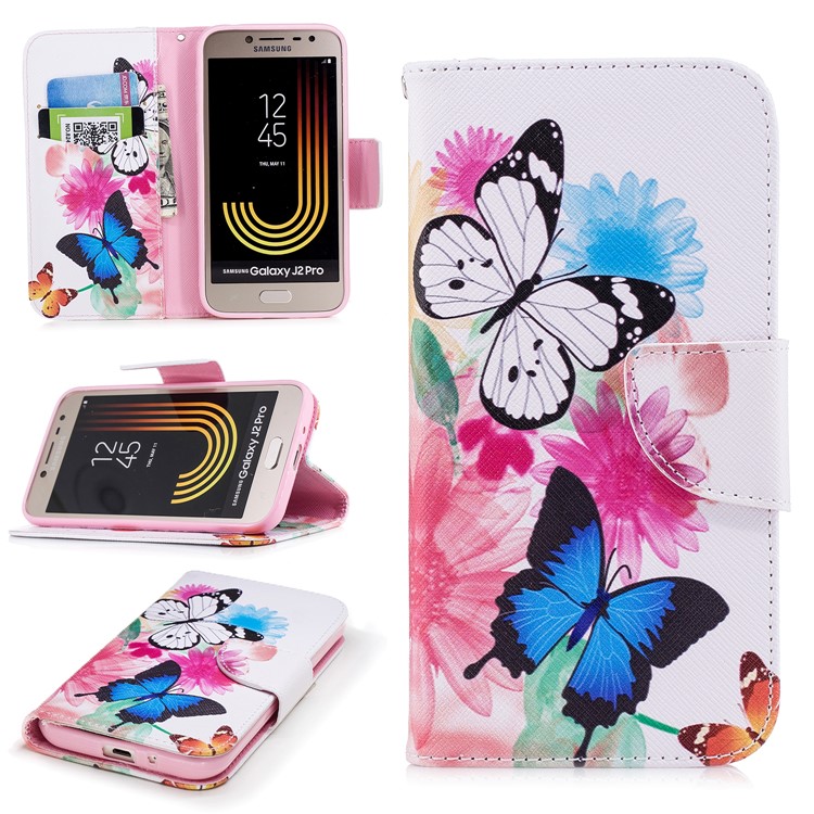 Pattern Printing Magnetic Leather Wallet Case for Samsung Galaxy J2 Pro 2018 - Vivid Butterflies-1