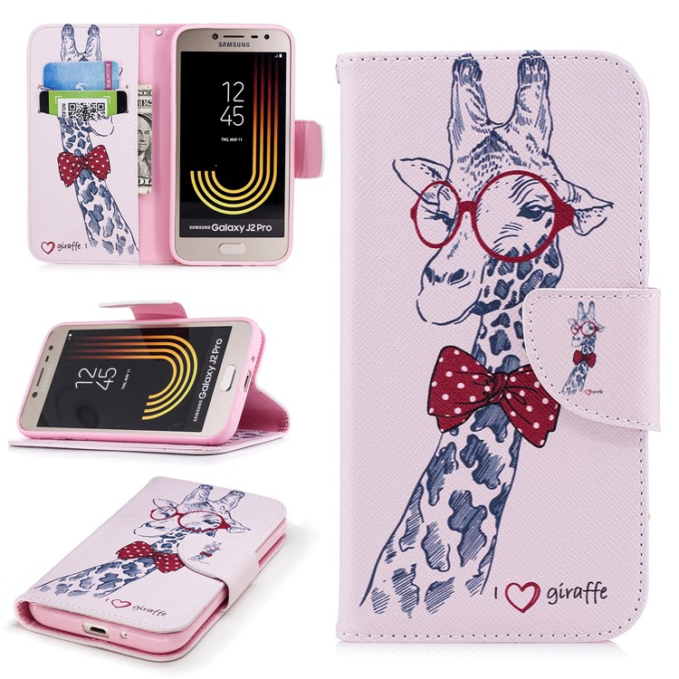 Pattern Printing Magnetic Leather Stand Cover for Samsung Galaxy J2 Pro 2018 - Adorable Giraffe Wearing Glasses-1