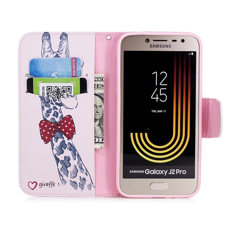 Pattern Printing Magnetic Leather Stand Cover for Samsung Galaxy J2 Pro 2018 - Adorable Giraffe Wearing Glasses-8
