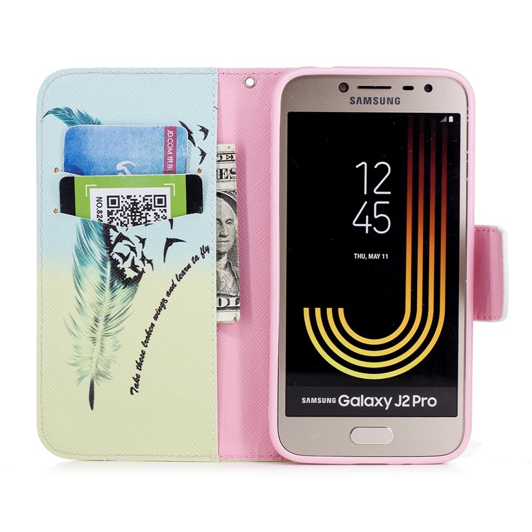Pattern Printing Wallet Leather Stand Case for Samsung Galaxy J2 Pro 2018 - Feather Pattern-8