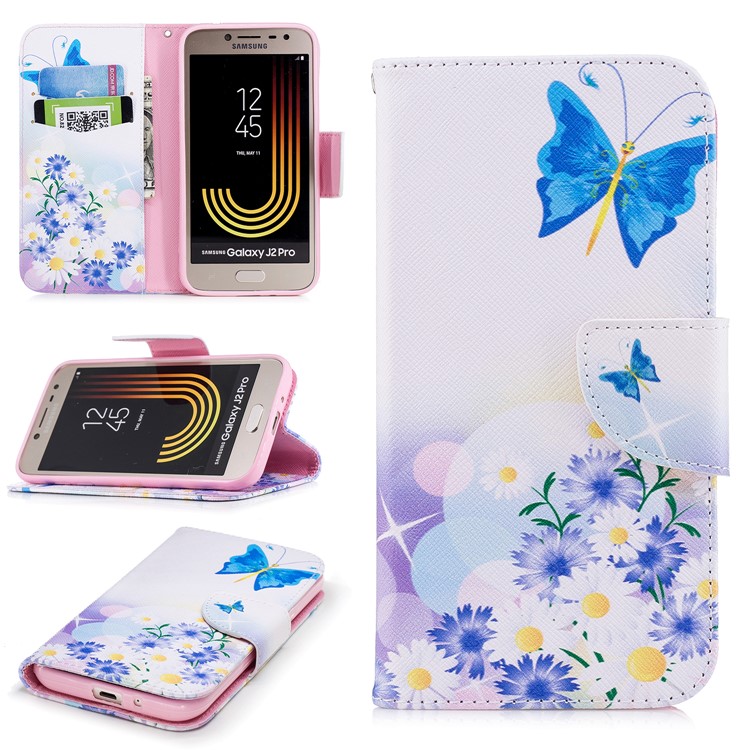Pattern Printing Stand Leather Wallet Case for Samsung Galaxy J2 Pro 2018 - Blue Butterfly and Flowers-1