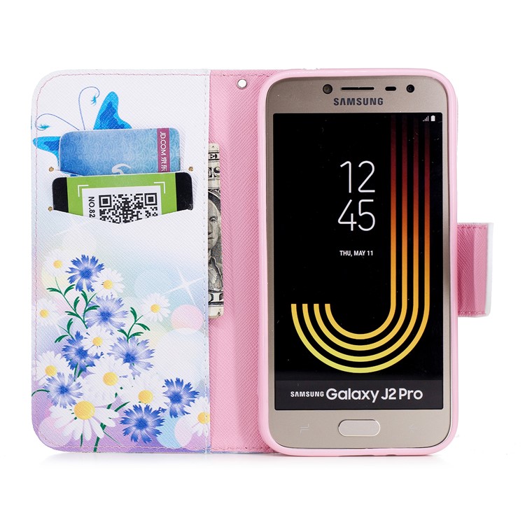 Pattern Printing Stand Leather Wallet Case for Samsung Galaxy J2 Pro 2018 - Blue Butterfly and Flowers-8