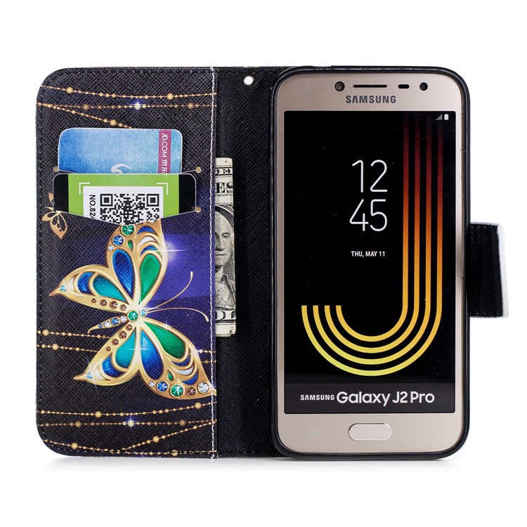 Pattern Printing Wallet Leather Phone Shell with Stand for Samsung Galaxy J2 Pro 2018 - Butterfly with Diamond-8