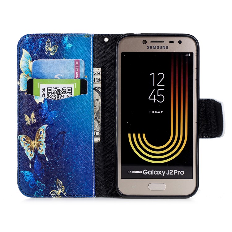 Pattern Printing Wallet Leather Phone Accessory Cover with Stand for Samsung Galaxy J2 Pro 2018 - Blue Butterflies-8