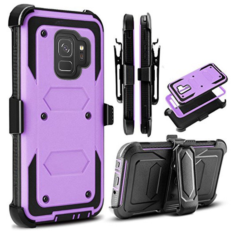 Heavy Duty Rugged PC TPU Belt Clip Kickstand Protective Cover for Samsung Galaxy S9 SM-G960 - Purple-1