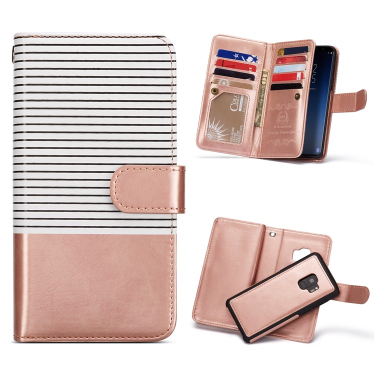 Stripes Pattern Detachable 2-in-1 9 Card Slots Leather Wallet Case for Samsung Galaxy S9 SM-G960 - Rose-1