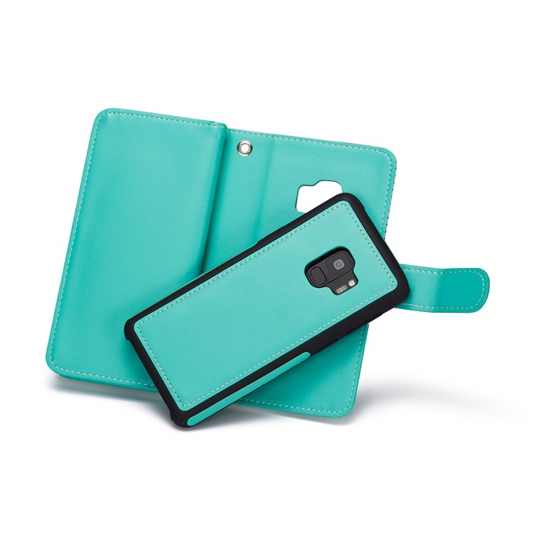 Stripes Pattern Detachable 2-in-1 9 Card Slots Leather Wallet Cover for Samsung Galaxy S9 SM-G960 - Cyan-4
