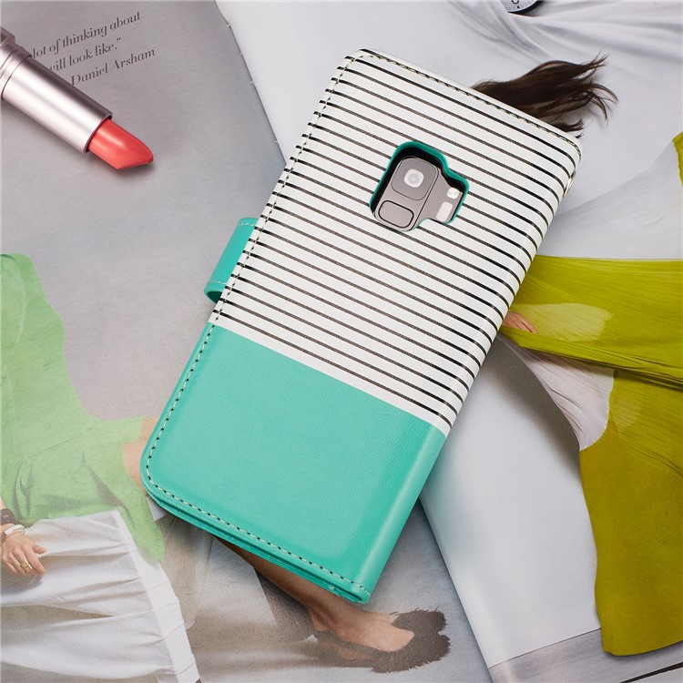Stripes Pattern Detachable 2-in-1 9 Card Slots Leather Wallet Cover for Samsung Galaxy S9 SM-G960 - Cyan-5
