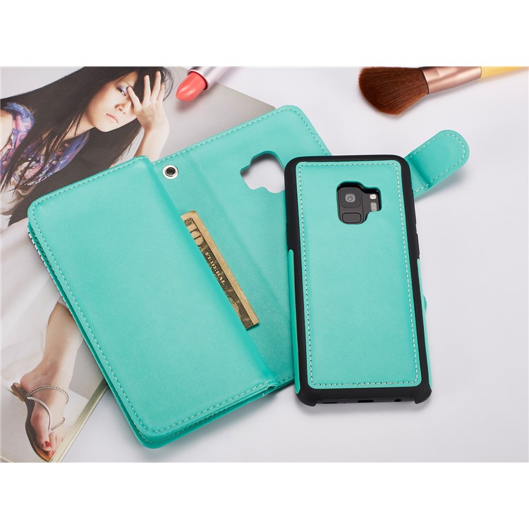 Stripes Pattern Detachable 2-in-1 9 Card Slots Leather Wallet Cover for Samsung Galaxy S9 SM-G960 - Cyan-7
