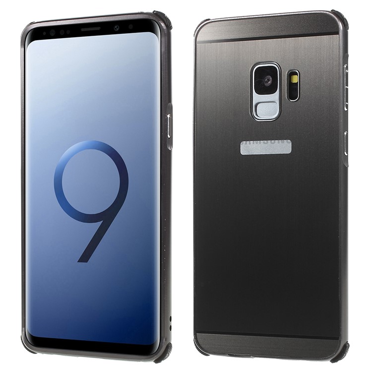 Electroplated Metal Bumper + Brushed PC Back Panel Slide-on Case for Samsung Galaxy S9 SM-G960 - Black-1