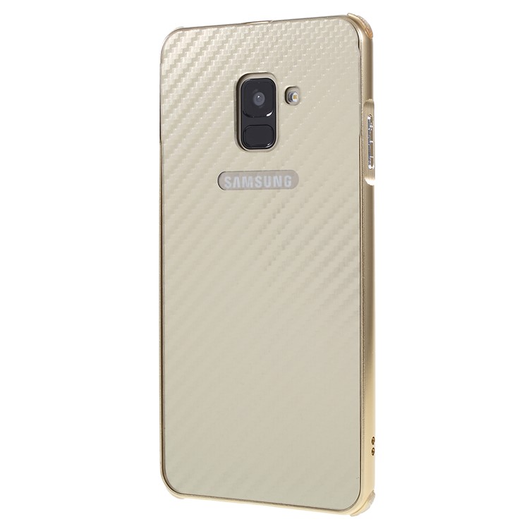 Electroplated Metal Bumper + Carbon Fiber Texture PC Back Panel Slide-on Shell for Samsung Galaxy A8 Plus (2018) - Gold-2