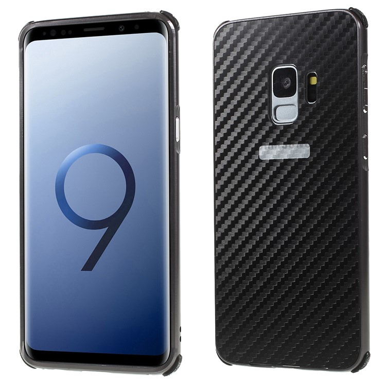 Electroplated Metal Bumper + Carbon Fiber Texture PC Back Panel Slide-on Case Cover for Samsung Galaxy S9 SM-G960 - Black-1