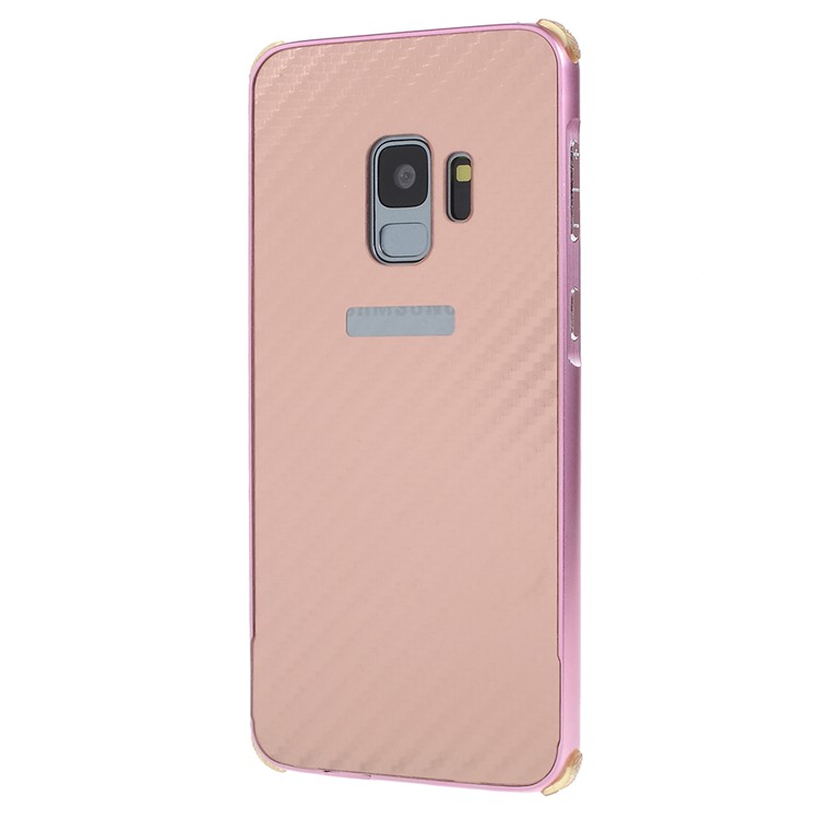 Electroplated Metal Bumper + Carbon Fiber Texture PC Back Panel Slide-on Cover for Samsung Galaxy S9 SM-G960 - Rose Gold-3