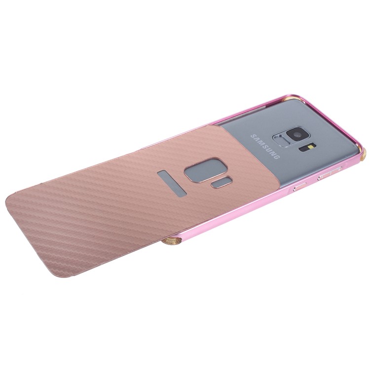 Electroplated Metal Bumper + Carbon Fiber Texture PC Back Panel Slide-on Cover for Samsung Galaxy S9 SM-G960 - Rose Gold-4