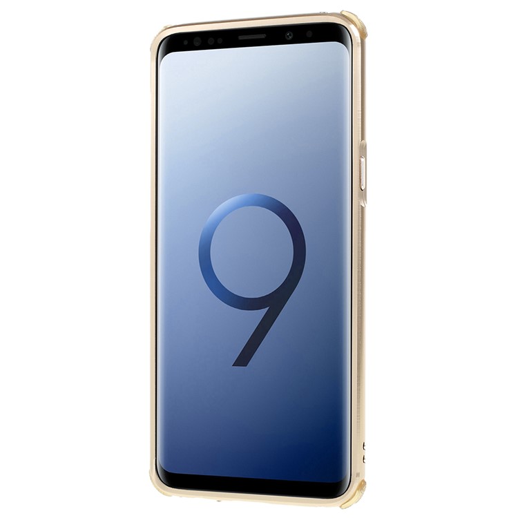 Electroplated Metal Bumper + Carbon Fiber Texture PC Back Panel Slide-on Case for Samsung Galaxy S9 SM-G960 - Gold-2