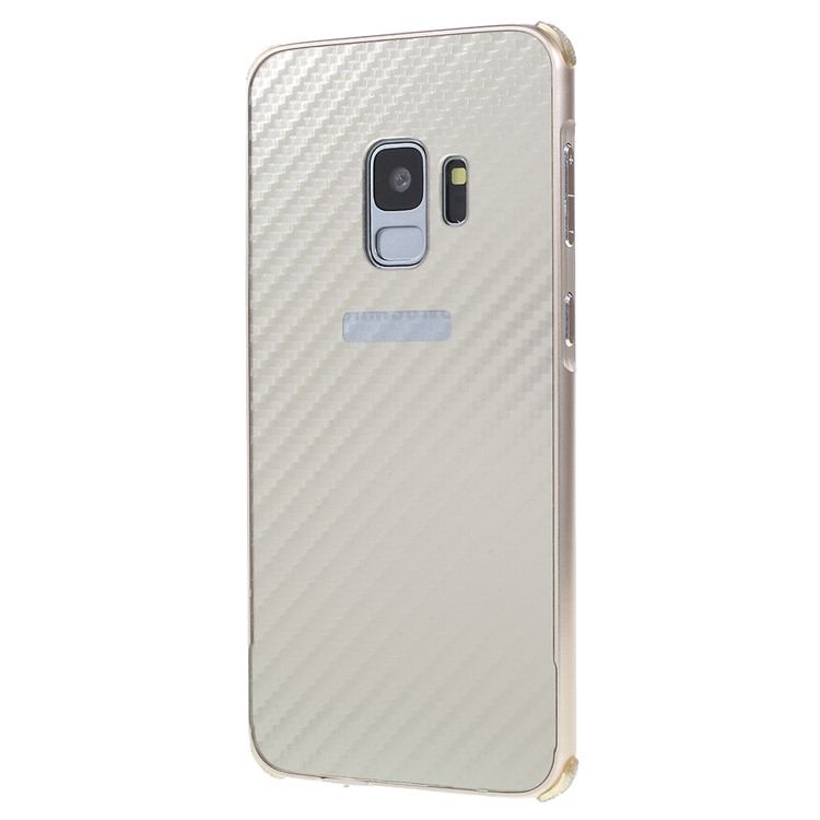 Electroplated Metal Bumper + Carbon Fiber Texture PC Back Panel Slide-on Case for Samsung Galaxy S9 SM-G960 - Gold-3