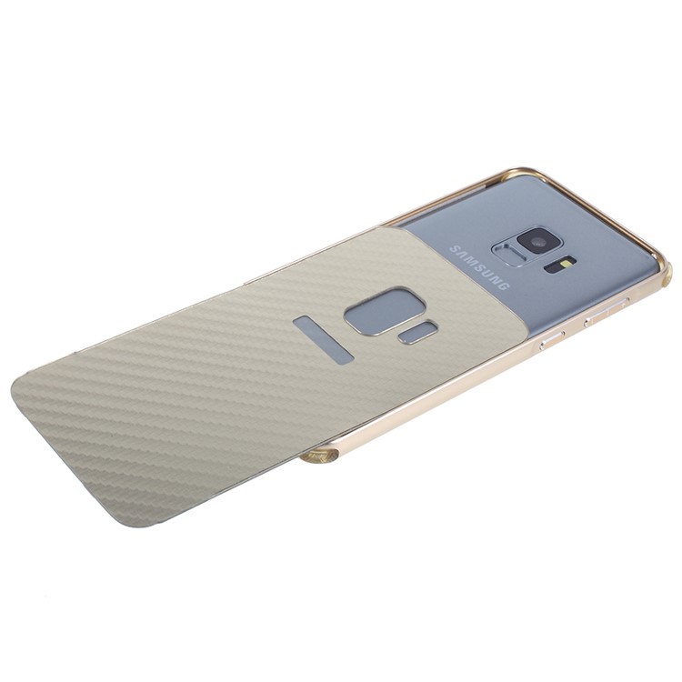 Electroplated Metal Bumper + Carbon Fiber Texture PC Back Panel Slide-on Case for Samsung Galaxy S9 SM-G960 - Gold-4