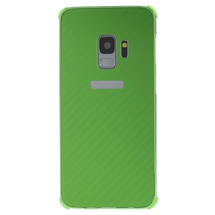 Electroplated Metal Bumper + Carbon Fiber Texture PC Back Panel Slide-on Phone Shell for Samsung Galaxy S9 SM-G960 - Green-1