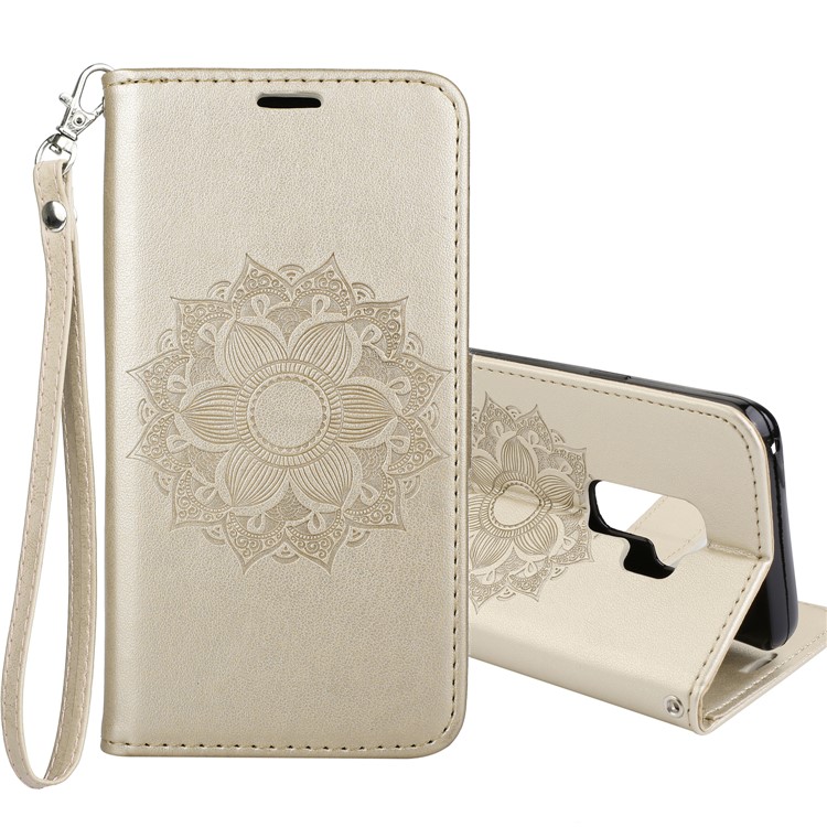 Imprint Mandala Flower Stand Wallet Leather Casing for Samsung Galaxy S9 Plus SM-G965 - Gold-1