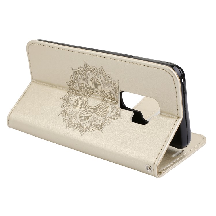 Imprint Mandala Flower Stand Wallet Leather Casing for Samsung Galaxy S9 Plus SM-G965 - Gold-6