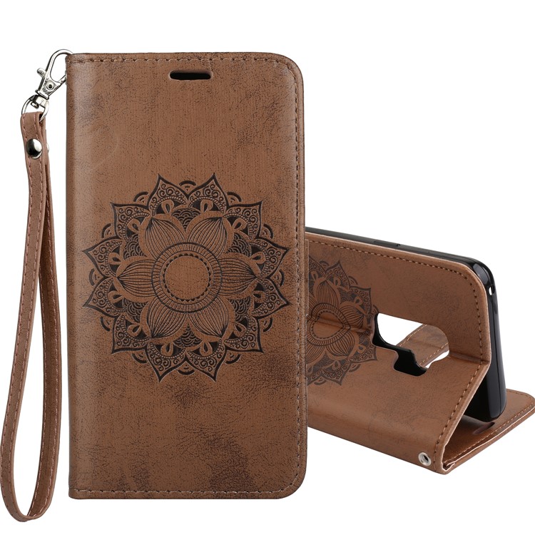 Imprint Mandala Flower Stand Wallet Leather Cell Phone Case for Samsung Galaxy S9+ SM-G965 - Brown-1