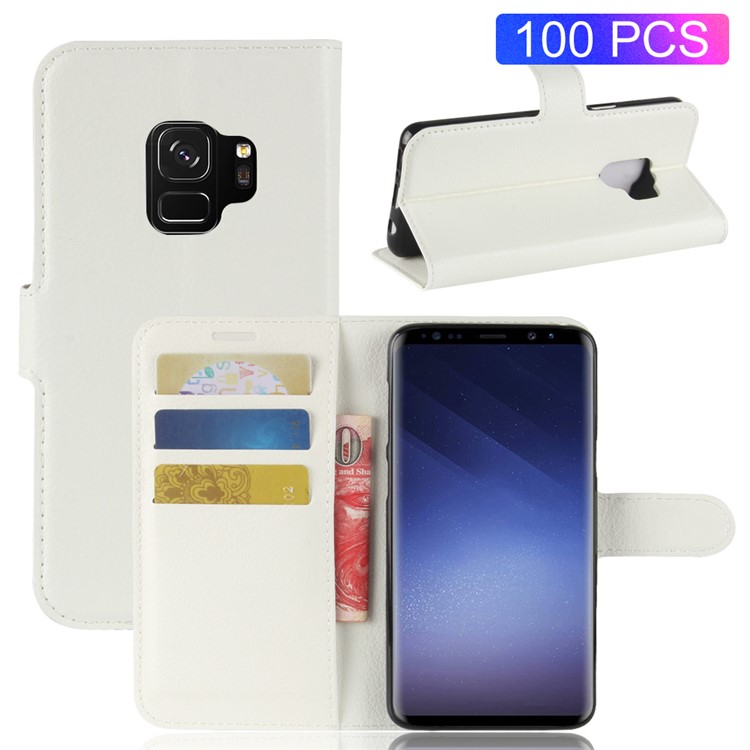 100Pcs/Set Litchi Texture Wallet Leather Casing with Stand for Samsung Galaxy S9 G960 - White-1